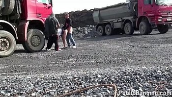Cute young teen girl PUBLIC gang bang threesome at a construction site