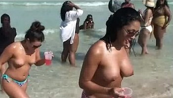 Hot firm nude boobs walking jiggling along beach topless HD]