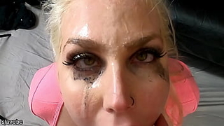Big tit blonde bimbo gets face fucked, slapped around and spit on while gagging on cock.