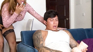 Step Mom caught Step Son jerking off and helps to cum inside her pussy while her Husband is home