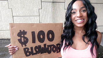 Fresh faced ebony gives up her pussy for some cash