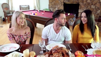 Small titted, blonde honey is getting banged during a family lunch and eating pussy along the way